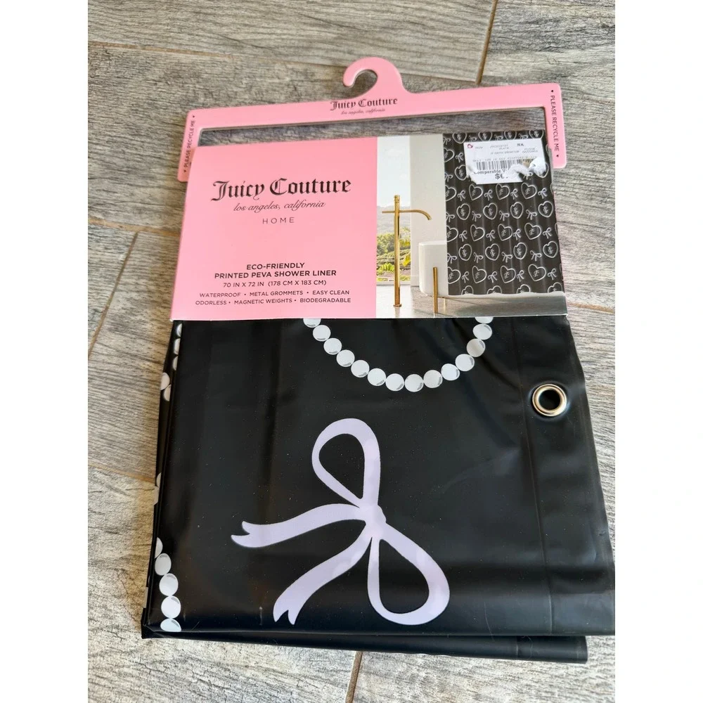Juicy Couture Shower Curtain Liner 70x72 Black Pearl Heart Bow PEVA NWT Monogram